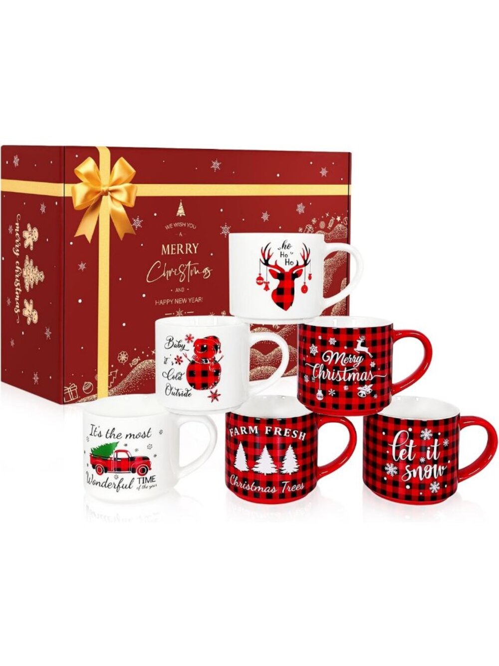 Set of 6 Large Holiday Coffee Mugs - Red Black Plaid Ceramic Hot Cocoa Gift
